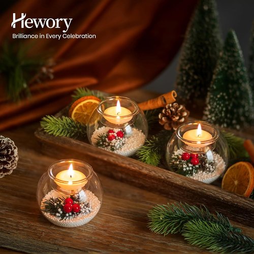 Hewory Tealight Candle Holders - Set of 6 Glass Holders with Red Berry & Pinecone | Festive Christmas Table Decor
