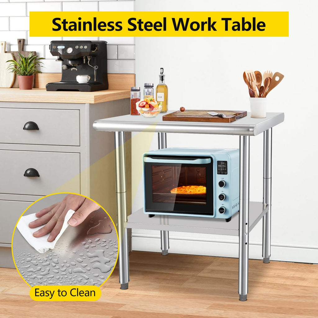 GarveeTech Stainless Steel Food Prep Table, 24 x 30 in NSF Commercial Kitchen Metal Table with Adjustable Lower Shelf and Plastic Feet, Steel Work Prep Table for Restaurant Home Hotel