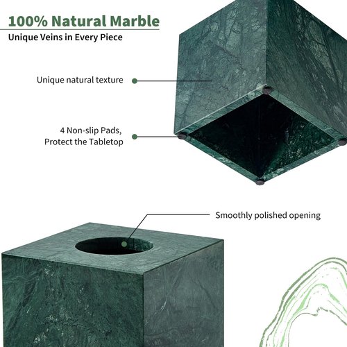 Real Natural Marble Tissue Box Cover, 5.5 Inch Square Marble Tissue Box Holder with Open Bottom, Heavy Stone Decorative Organizer for Bathroom Vanity, Kitchen Countertop, Luxury Home Décor