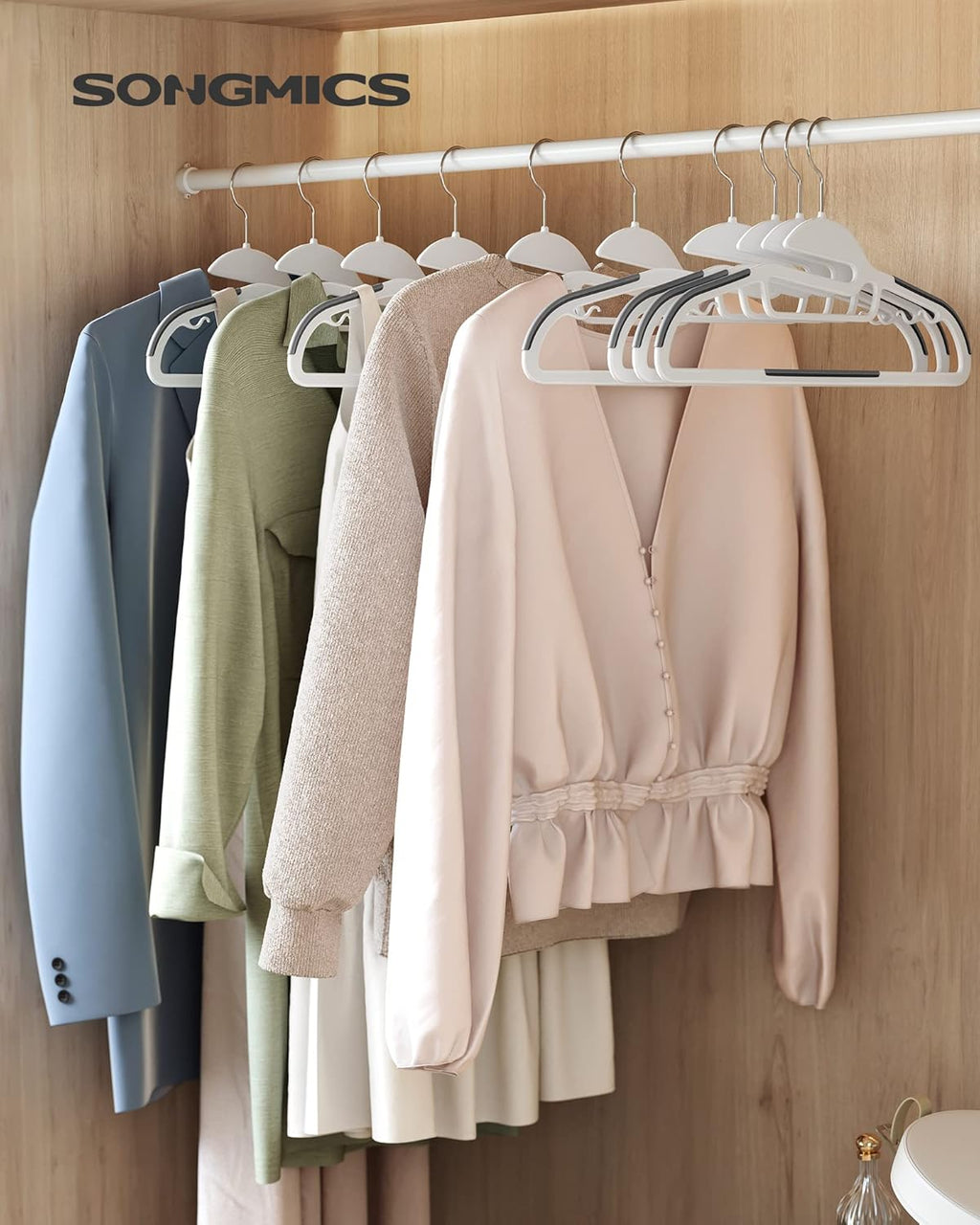 SONGMICS Heavy-Duty Plastic Coat Hangers - Space-Saving Design with 360º Swivel Hook | 16.3 Inches Wide, Cloud White & Dark Gray