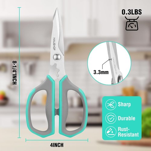 HAUSHOF Kitchen Scissors - Heavy Duty Stainless Steel Shears with Soft Grip | 8-1/4" U-Groove Design for Meat & Vegetables