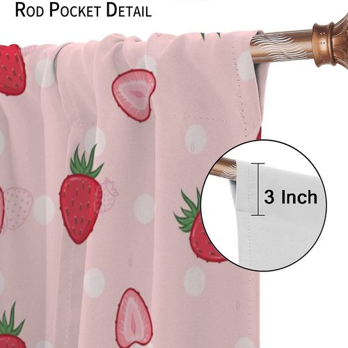 INSFBRB Pink Red Strawberry Rod Pocket Blackout Curtains for Living Room,Insulated Girls Cartoon Cute Fruit Strawberry Print Bedroom Curtains,2 Panels 45L x 21W