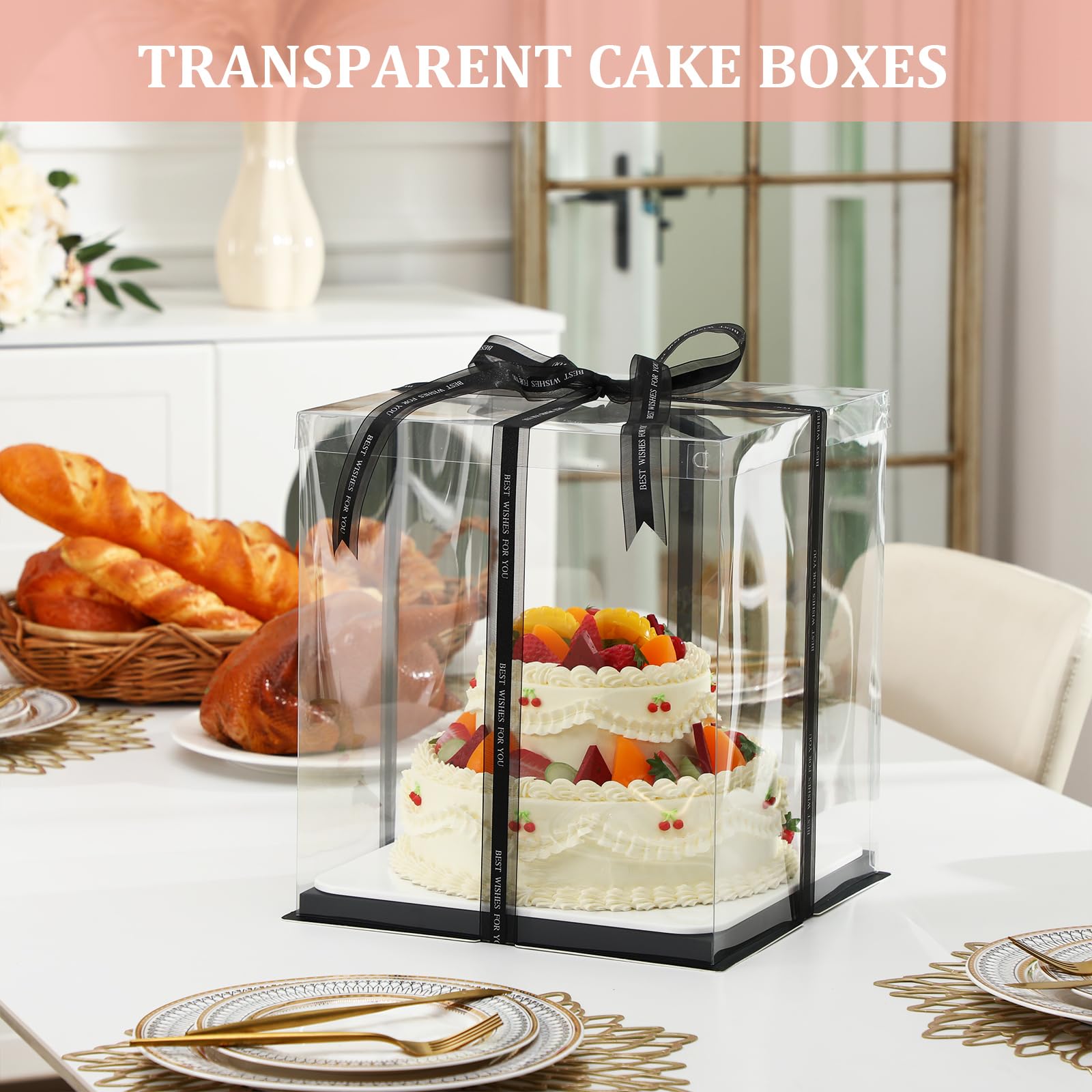 Maxdot 10 Pcs Transparent Tall Cake Boxes 12" x 12" x 14" Large Clear Cake Box with Ribbon Cake Carrier PET Wedding Cake Storage Container Clear Gift Boxes for Party Birthday Dessert Display (Black)