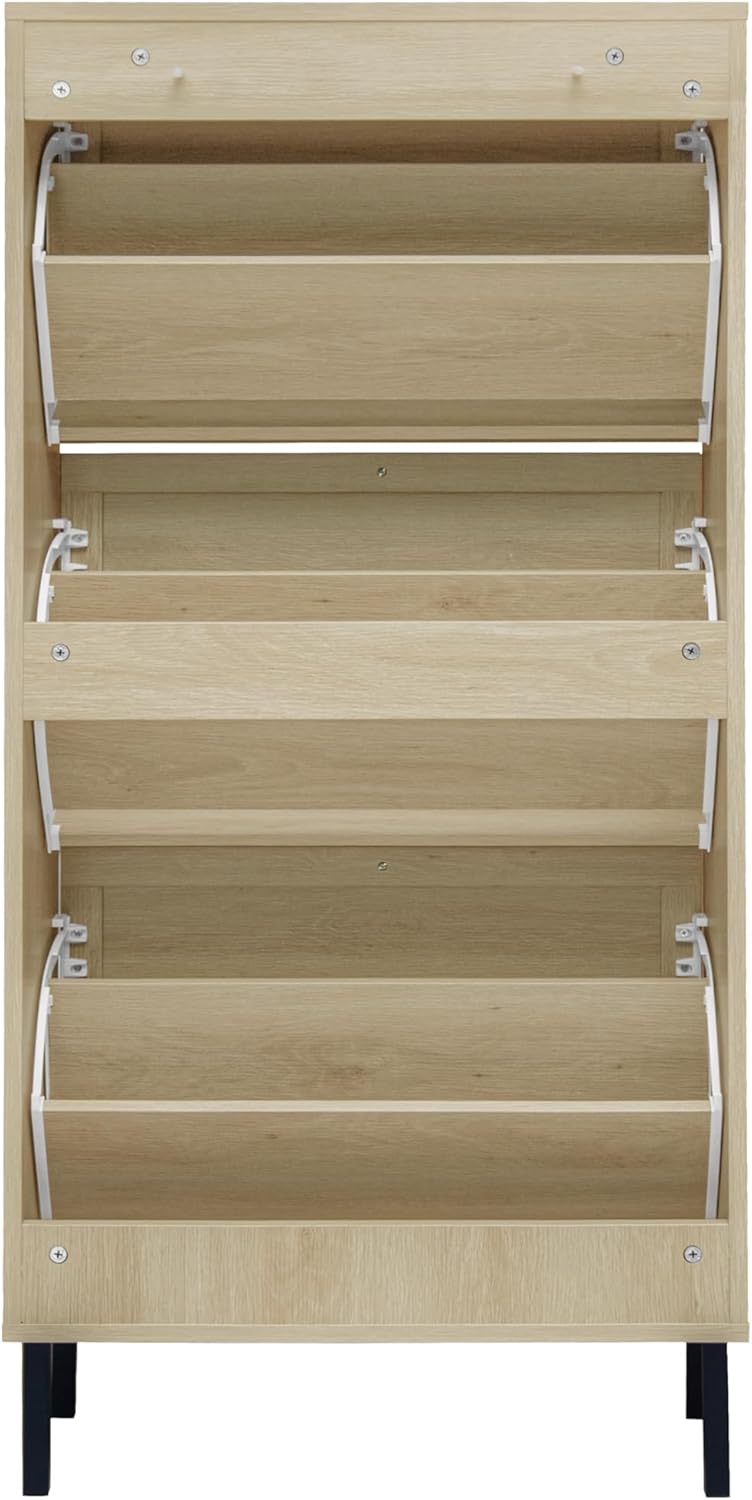 ZeHuoGe Natural Rattan Shoe Storage Rack - Modern 3-Tier Cabinet with 3 Flip Drawers for Entryway