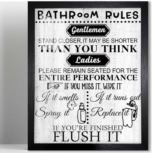 Biufo Bathroom Rules Wall Art - Framed Canvas Print Quotes for Toilet Decor (8"x10")