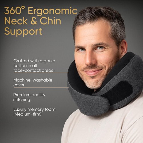 Proglobe Luxe Memory Foam Travel Neck Pillow for Airplanes, Ergonomic 360° Support with Soft Chin Support, Organic Cotton Cover, Compact Compression Bag, Ash Black