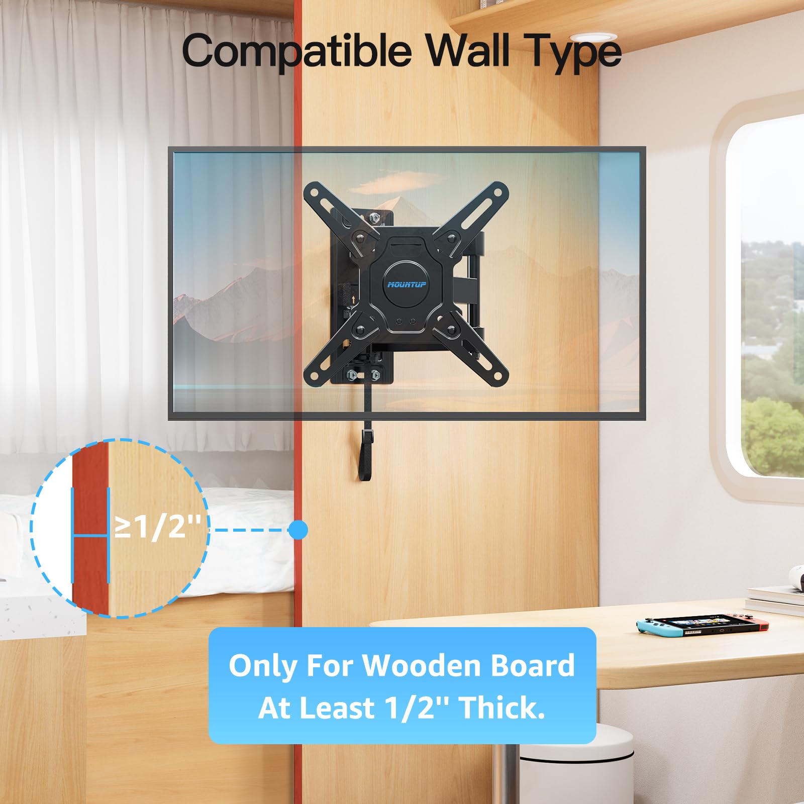 MOUNTUP Lockable RV TV Mount for 13-43 Inch TVs - Full Motion Swivel RV TV Bracket with Pull Cord Lock, Space Saving Design for Camper, Trailer, Motorhome, Truck - Max 33lbs & VESA 200x200mm, MU2101