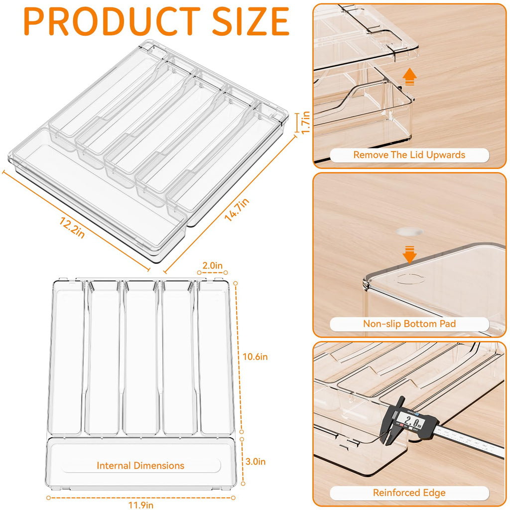 Yieach Clear Silverware Organizer with Lid - 12 inch Wide - Large Silverware Drawer Organizer & Tray and Utensil Drawer Organizers with Lid,BPA Free Plastic Flatware Drawers Organizers for Fork,Spoon