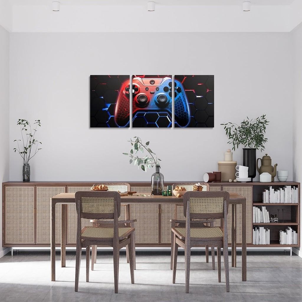 Manfei Games Canvas Wall Art - Set of 3 Honeycomb Gamepad Prints | Modern Gamer Decor for Kids' Rooms