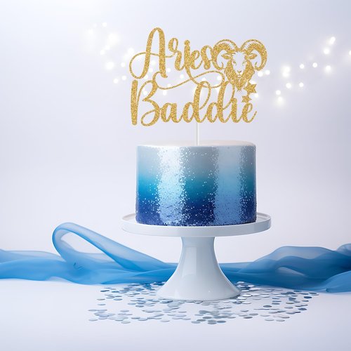 Aries Baddie Cake Topper - Gold Glitter Zodiac Birthday Decoration for March & April Celebrations