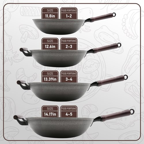 HONGJIANG Cast Iron Wok Pan with Lid, 12.6" Pre-Seasoned Flat Bottom Wok, Coating-Free Wok Stir Fry Pan, Compatible Traditional Chinese Wok for Induction, Electric, Gas, Open Fire