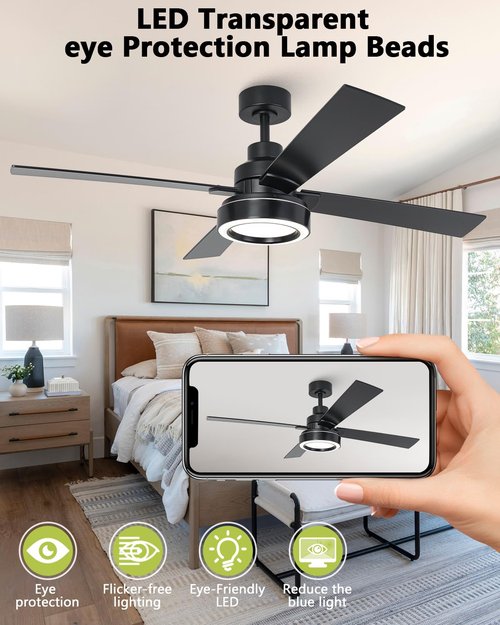 Vaczon 52 Inch Black Ceiling Fan with Light and Remote, Indoor Outdoor Modern Black Ceiling Fan, 3CCT Dimmable, Reversible Motor, Dual-Sided Blades Ceiling Fans for Bedroom Living Room Patio -Upgraded