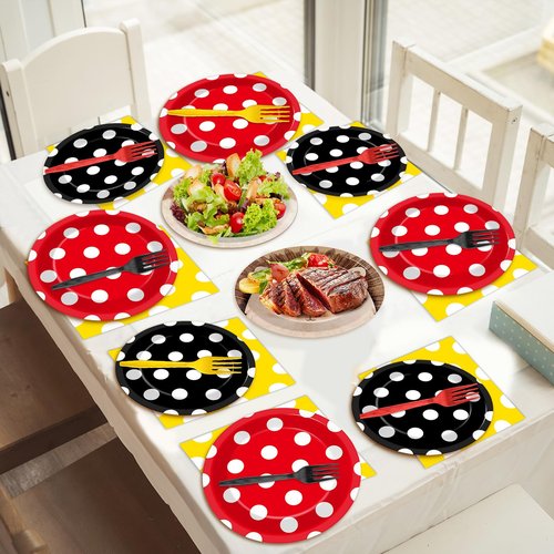 96 Pcs Mouse Color Paper Plates and Napkins Mouse Party Decorations Red Black Yellow Polka Dot Tableware Set Cartoon Dessert Disposable Dinnerware for Boys Girls 24 Guests Party Supplies