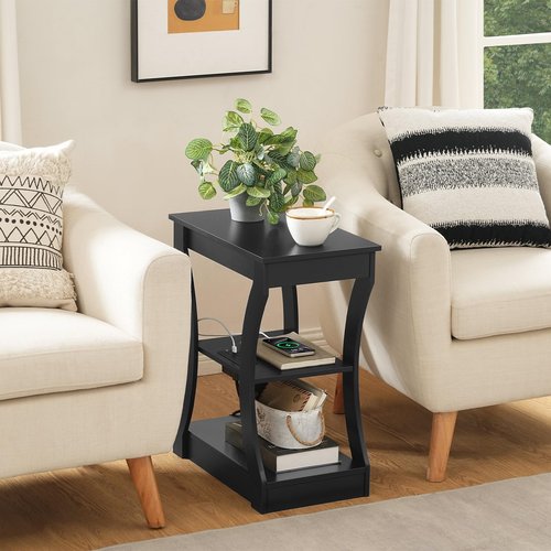 MAHANCRIS Black End Table with Charging Station, Skinny Side Table with USB Ports and Outlets, Nightstand, 3 Tier Bedside Table with Storage Shelf for Living Room, Bedroom, Small Space ETBK53E01