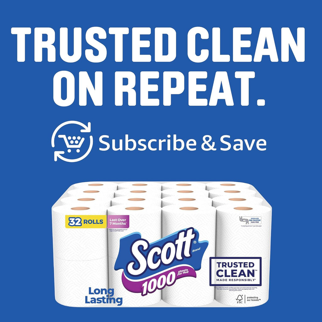 Scott 1000 Toilet Paper - Trusted Clean, Septic-Safe, 1-Ply, 32 Rolls for Ultimate Comfort