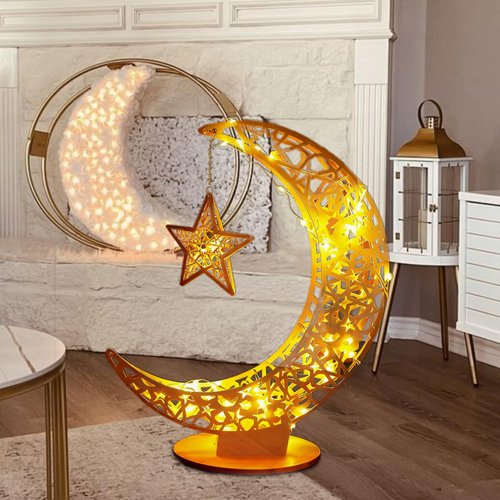 Tantour Ramadan Moon Decor, Gold Ramadan Lamp Eid Decorations for Home, Islamic Decorations for Home, Table, Party (26.4inch)
