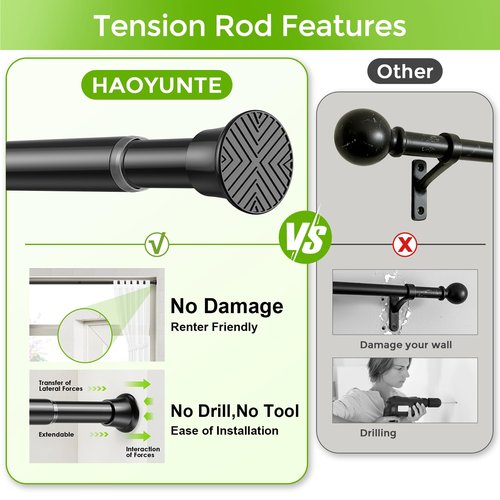 HAOYUNTE Tension Curtain Rod No Drill 32-76 Inch 7/8" Diameter Spring Loaded Curtain Rods Adjustable Expandable Tension Shower Rod for Bathroom Window Doorway Kitchen Closet, Black