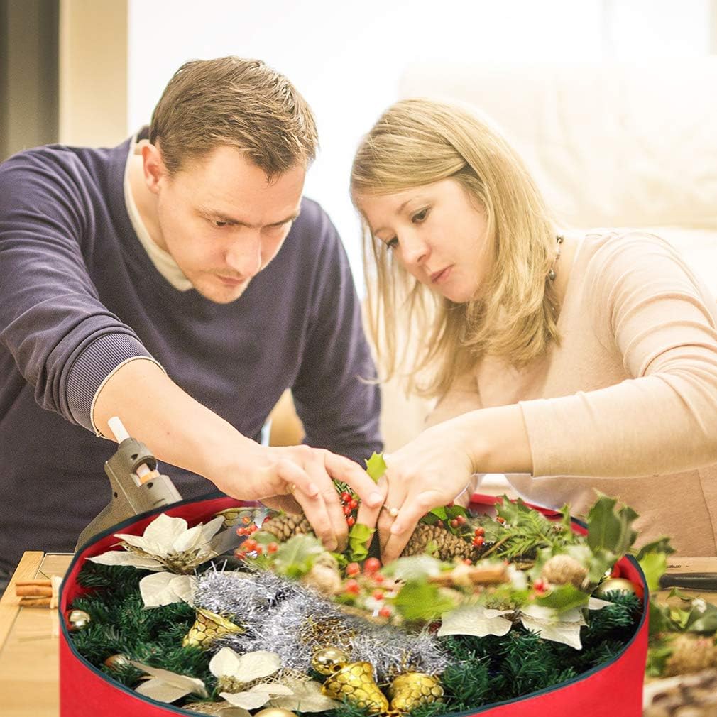 Primode Heavy Duty Christmas Wreath Storage Bag - Durable 600D Oxford Polyester, 24” Red Container with Handles