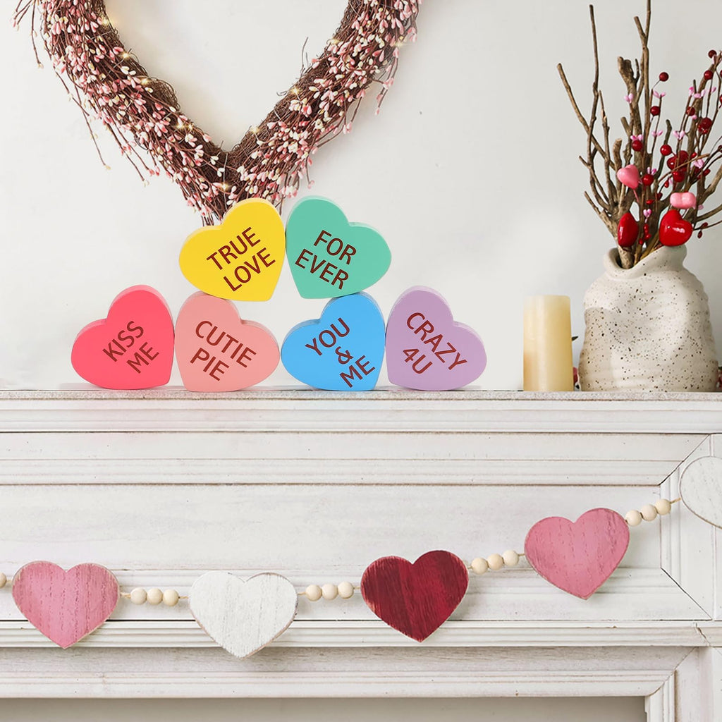 Valentines Day Decorations, 6 PCS Double-sided Wooden Valentine's Conversation Hearts for Tiered Tray Shelf Mantel Office Decor Freestanding Tabletop Wood Block Sweet Sayings for Home Decor Wedding