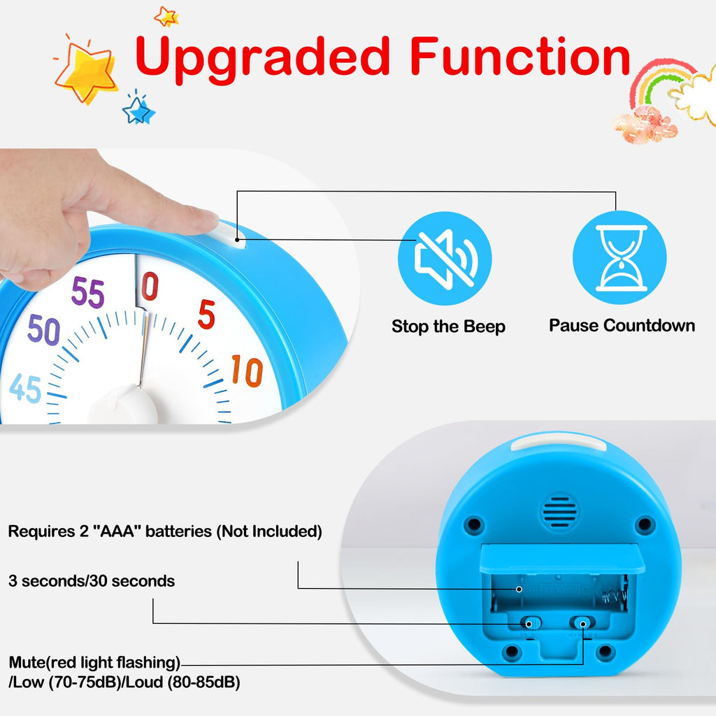 Secura 60-Minute Visual Timer, Rainbow Classroom Timers for Kids, Time Clocks, Countdown Time Tracker Management Tool with Pause Function (Blue & Star)