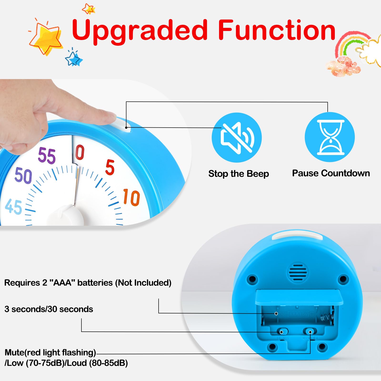 Secura 60-Minute Visual Timer, Rainbow Classroom Timers for Kids, Time Clocks, Countdown Time Tracker Management Tool with Pause Function (Blue & Star)