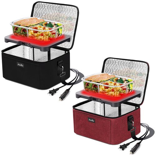 Portable Food Warmer Personal Mini Portable Oven - 12V 24V 110V 3-in-1 Electric Heated Lunch Box for Work, Car, Truck, Travel, Hotel, Potlucks, Home Kitchen Bundle (Black and Red)