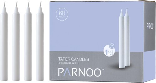 Chimes White Taper Candles - Dripless Set of 60 - 4 Inch Tall, 1/2 Inch Diameter for 1.5 Hour Clean Burn
