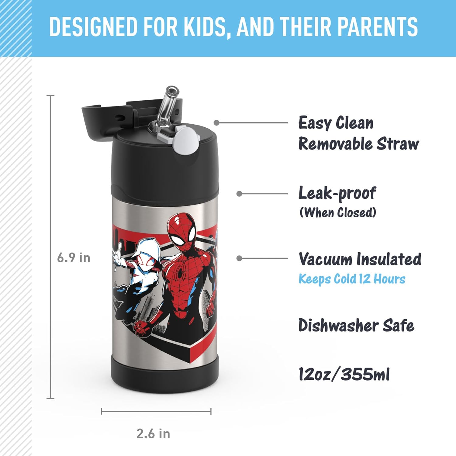 THERMOS FUNTAINER Water Bottle - 12 Ounce Stainless Steel Vacuum Insulated Kids Bottle | Spiderman Design