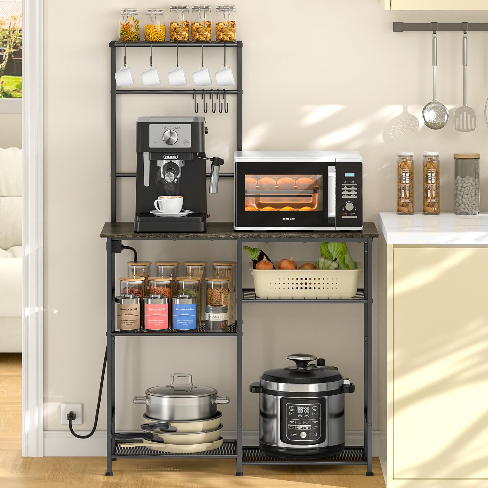 3IngSeagulls Bakers Rack with Power Outlet, Kitchen Microwave Stand with 10 S-shaped Hooks, 6-Tier Coffee Bar Station, Kitchen Storage Shelf Rack for Spices, Pots, Gray