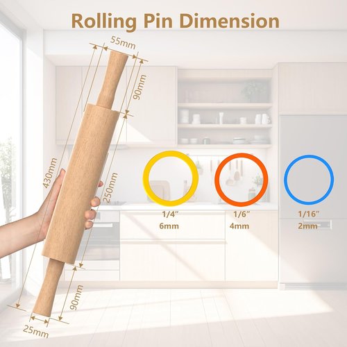 Classic Wooden Rolling Pin - Beechwood Baking Tool with Handle & 3 Multi-Color Thickness Rings | 17"x2.5"