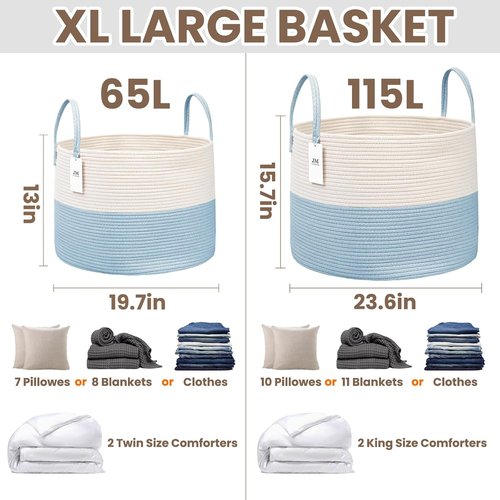 JMvicyroam 65L Extra Large Blanket Basket - Woven Cotton Rope Laundry Hamper with Reinforced Handles | Machine Washable, White & Blue