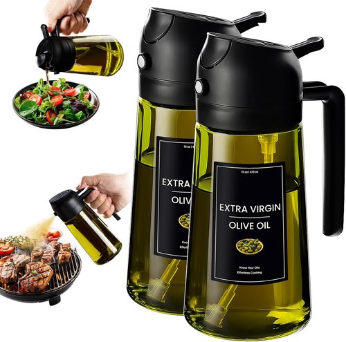 CXINYI - 16oz Olive Oil Dispenser with Stickers | 2-in-1 Sprayer for Cooking & Salad, 2 Black