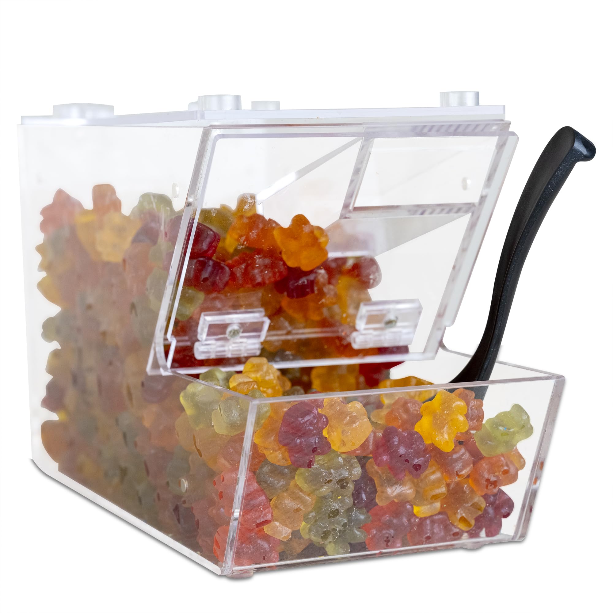 IneVibe Candy Bin Topping Dispenser - Acrylic Bulk Sprinkle Container w/Scoop, Stackable & Magnetic for Multiple Holders on Shelf - Commercial Setting for Cereal, Nuts, Candies & Snack Food Storage