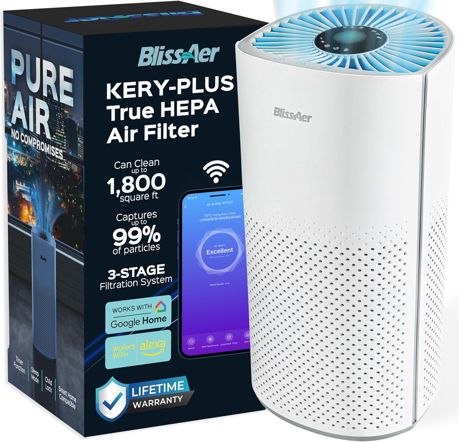Air Purifiers for Home Large Room Pets Up to 1800 Ft² - Smart WiFi & Voice Control True HEPA Air Purifier For Home Bedroom Smoke, Dust, Pet Dander, Pollen, Sleep Mode - Kery Plus