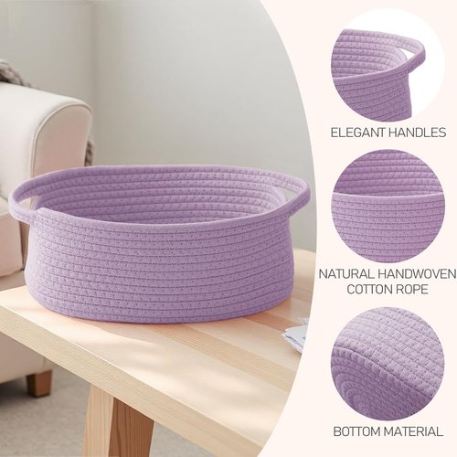 JMvicyroam Woven Storage Baskets - Small Rope Organizer with Handles for Shelves & Closets | Purple, 3-Pack