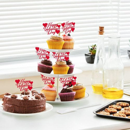 24Pcs Valentine's Day Happy Birthday Cake Sign Decoration, Heart Themed Cake Topper for Home Party Anniversary Supplies