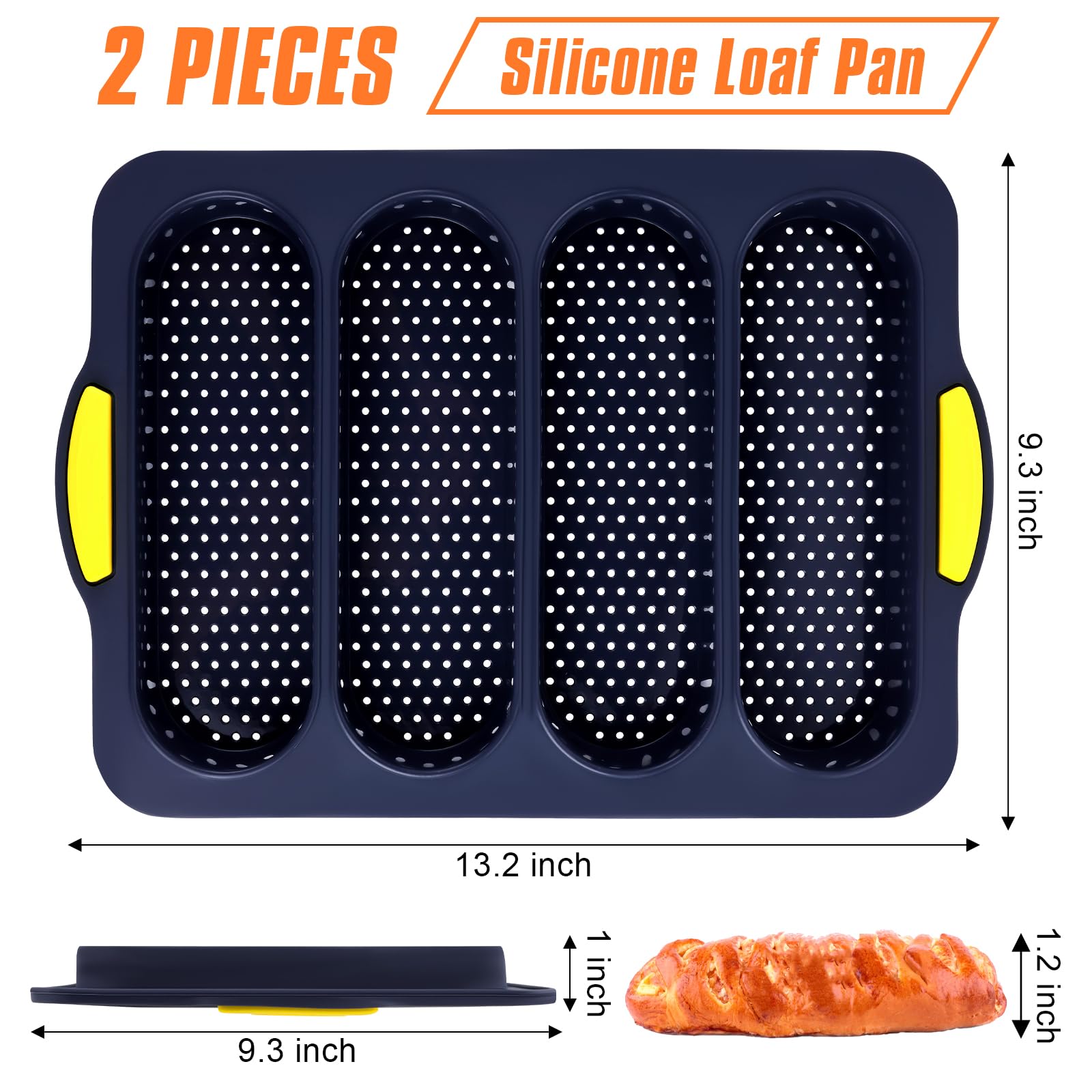 XenMee 2 Pcs Silicone Bread Loaf Pan, Non-Stick Baguette Bread Pan Food Grade, 4-Cavity Perforated French Baking Mold for Homemade Bread, French Baguette, Sandwich Rolls