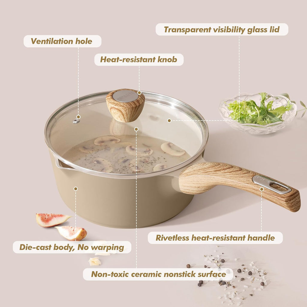 SENSARTE Nonstick Ceramic Saucepan - 1.5 Quart Cooking Pot with Lid & Stay Cool Handle | PFOA Free