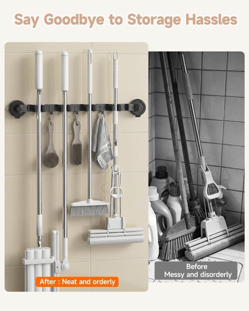 2026 Upgrade Broom Holder by [Brand Name] - Wall Mount Organizer with 4 Racks & 3 Hooks for Home