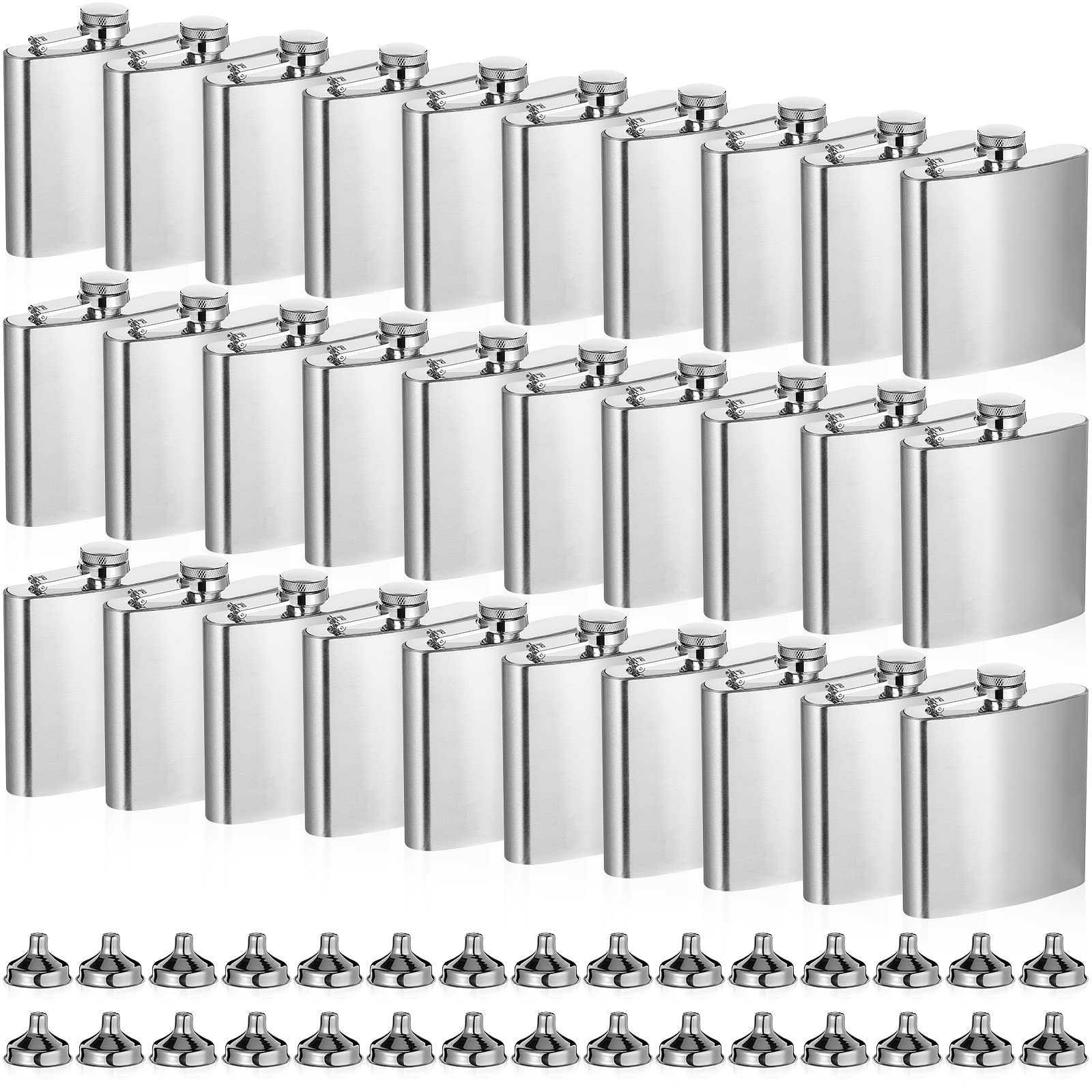 Hoolerry 30 Pack Hip Flasks for Liquor,Stainless Steel Whiskey Flask Set with Funnels Pocket Bulk for Groomsmen Gifts, Bridesmaids, Bachelor Party, Wedding Favor Supplies(6 oz,Silver)