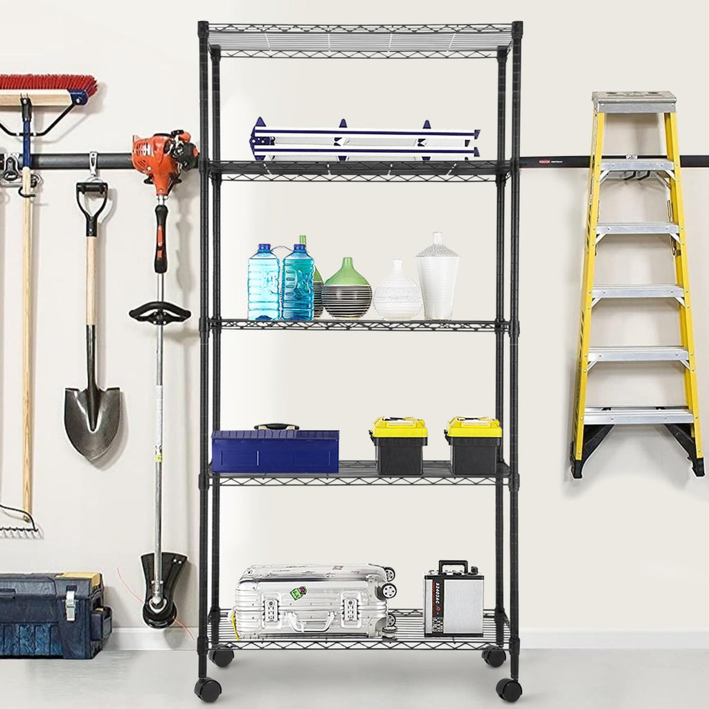 PayLessHere 5-Tier Wire Shelf with Wheels - Adjustable Heavy-Duty Storage Rack | 14"x30"x60" | Black, Rust-Resistant, Easy Assembly