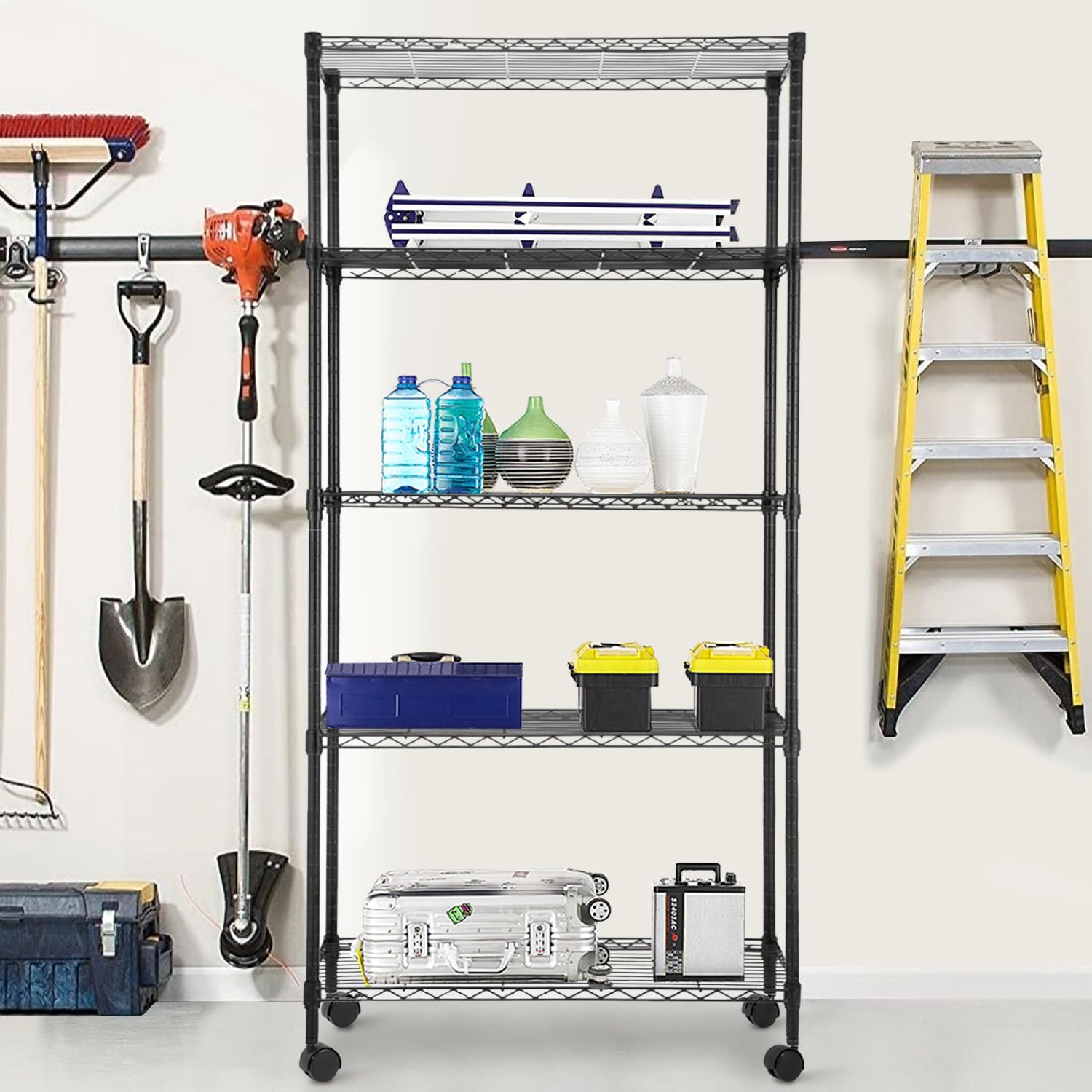 PayLessHere 5-Tier Wire Shelf with Wheels - Adjustable Heavy-Duty Storage Rack | 14"x30"x60" | Black, Rust-Resistant, Easy Assembly