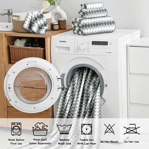 12 Pcs Gray White Diamond Towel Set-4 Bath Towels,4 Hand Towels,4 Washcloths Soft Polyester Towels with Loop Absorbent Shower Towel Quick Dry Beach Chair Towel Family Towels for Bathroom Spa Gym Pool