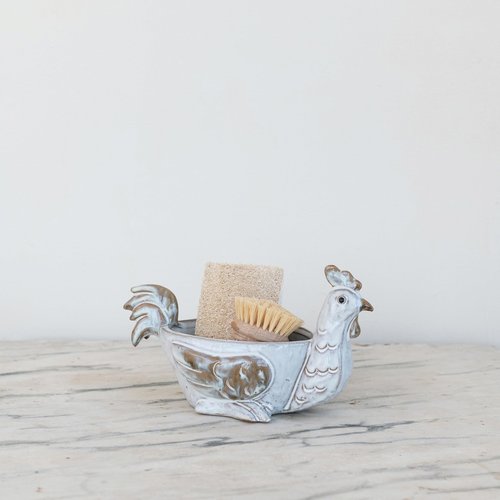 Creative Co-Op Stoneware Chicken Shaped Sponge Holder/Soap Dish with Reactive Glaze, White
