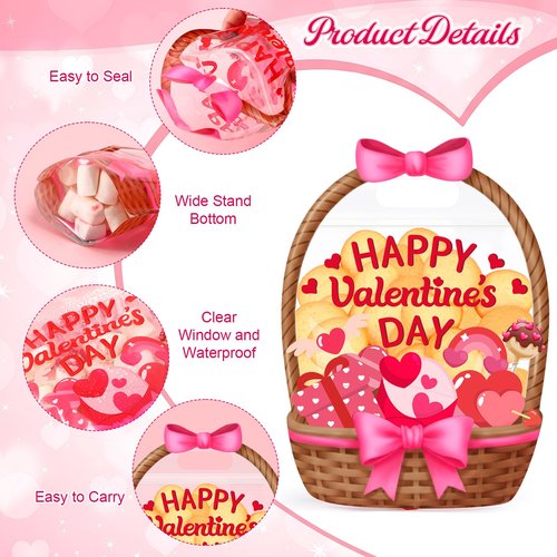 Fuutreo 25 Pcs Valentine's Day Gift Bags Heart Basket Treat Bags with Handles Reusable Plastic Favor Pouches for Holiday Candy Wrapping, Party Goodie Supplies, and Romantic Gift Decor(Pink Heart)