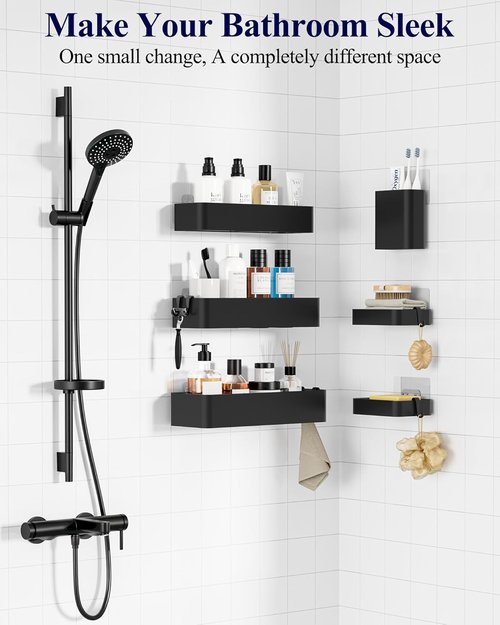 Kitsure Shower Caddy Adhesive - Rustproof 6-Pack No-Drilling Shower Shelves with Soap Holder & Hooks | Large Black Bathroom Organizer