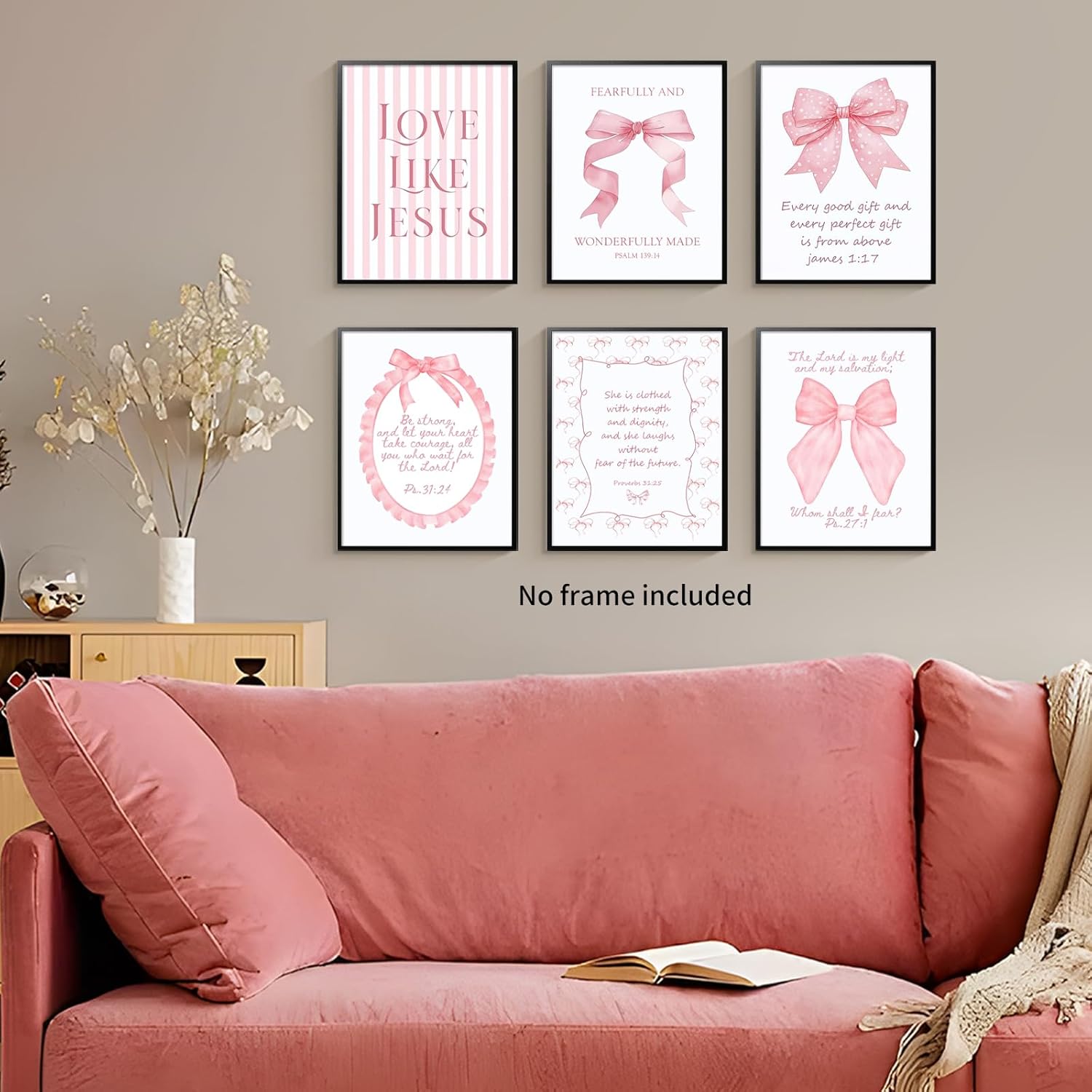 Skiennix 3-Piece Pink Bows Wall Art - Cute Bible Verse Prints for Girls' Rooms | 8x10 Inch Decor