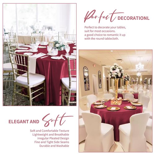 Pesonlook 12 Pack Burgundy Round Tablecloth, 120 Inch Satin Fabric Tablecloth for Round Table, Wrinkle Resistant Washable TableCover Bright Silk TableClothes for Wedding Party Dining Table Banquet