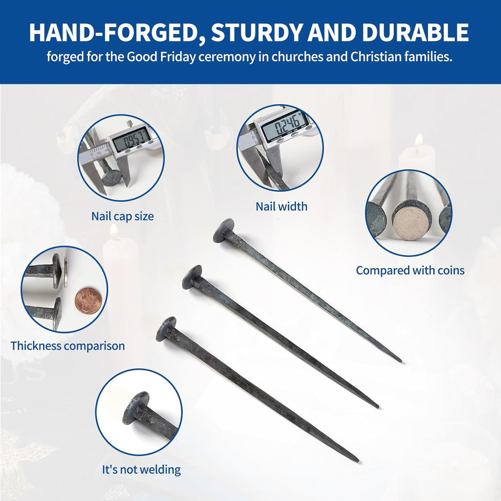 Skiennix Hand Forged Nails - Jesus Cross Wrought Iron Decorative Nails | Natural Grey Finish (3 Pcs)