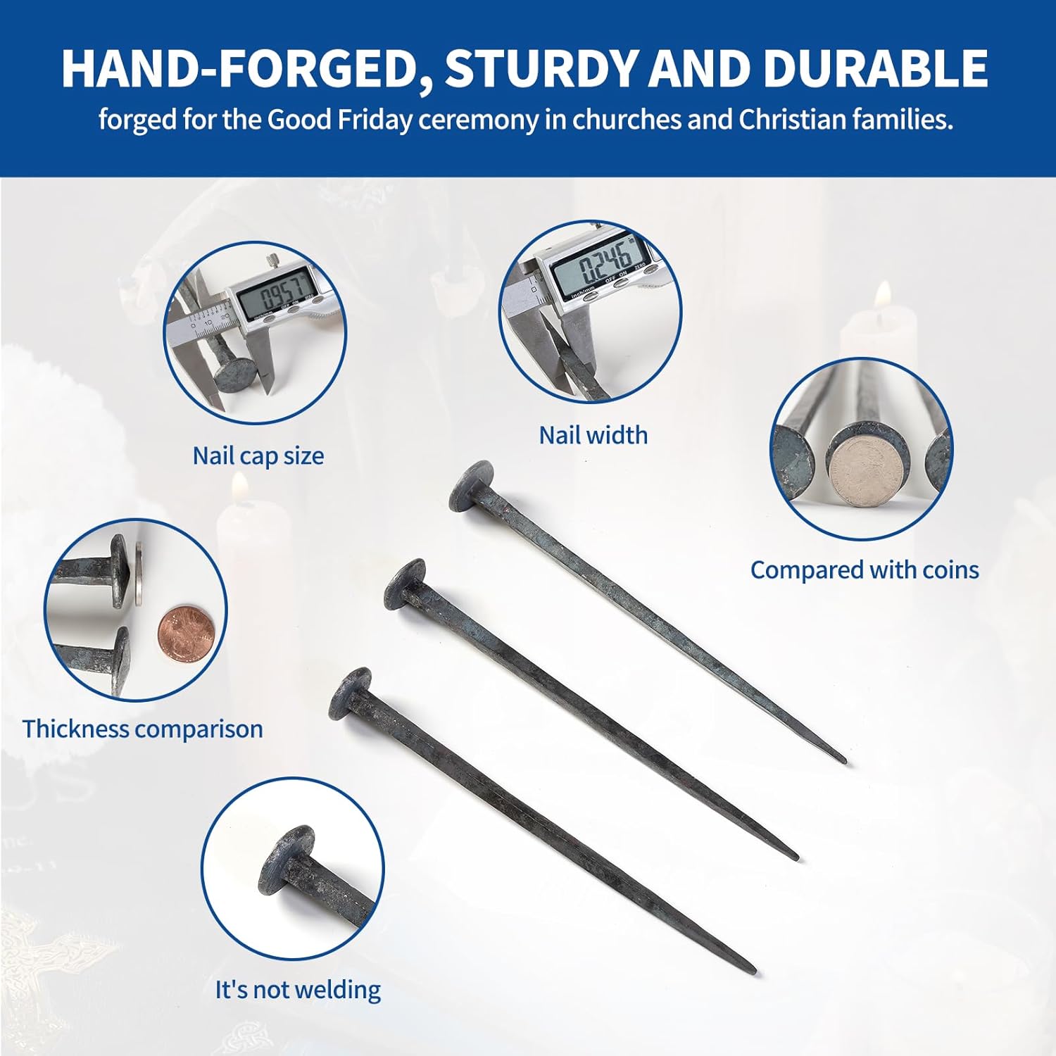 Skiennix Hand Forged Nails - Jesus Cross Wrought Iron Decorative Nails | Natural Grey Finish (3 Pcs)